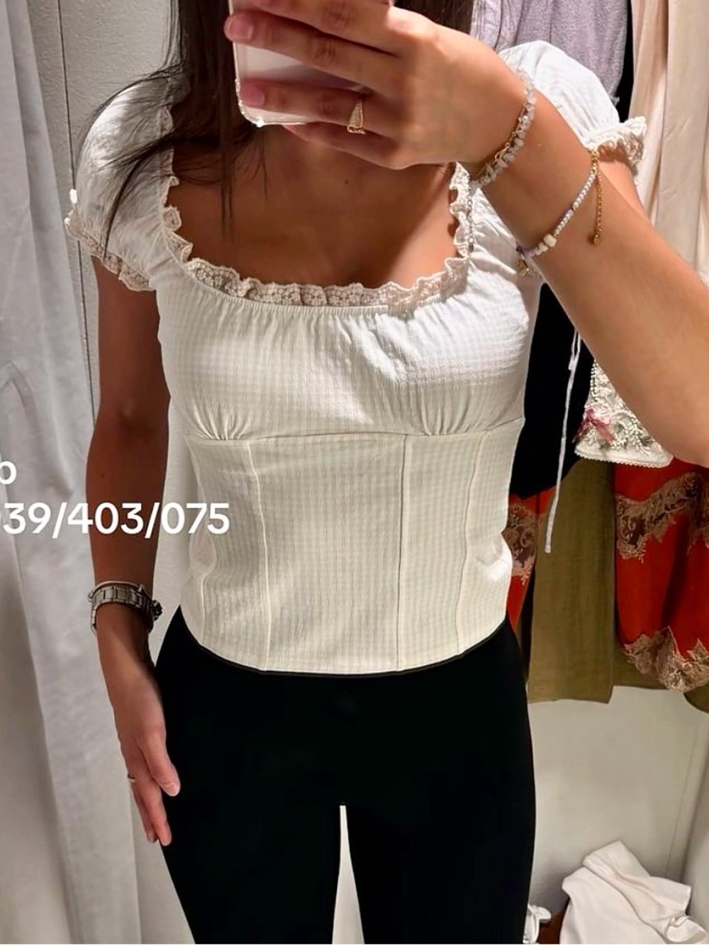 Zara NWT gingham Scoop-Neck White Lace-Trim Blouse